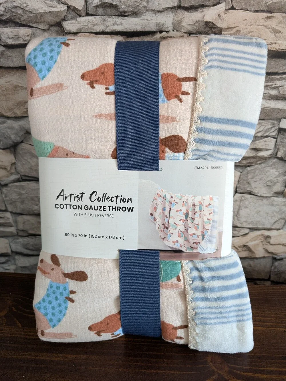 Cotton Gauze Throw - Blue/Beige Puppy Print Bex Morley 60x70